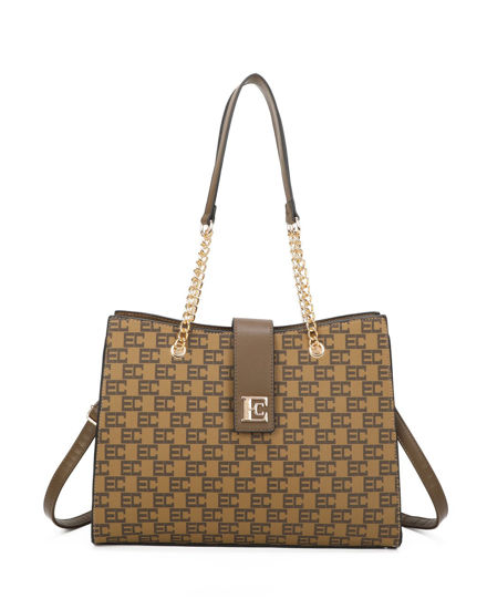 Immagine di ENRICO COVERI - Borsa shopping taupe loggata con pattina e tasca posteriore, tracolla removibile