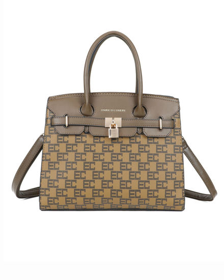 Immagine di ENRICO COVERI - Borsa a mano taupe loggata con tasca posteriore e cinturino con dettaglio lucchetto, tracolla removibile