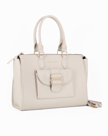 Immagine di CORTINA POLO STYLE - Borsa due manici beige con tasca frontale con doppia fibbia sulla patta, tracolla removibile