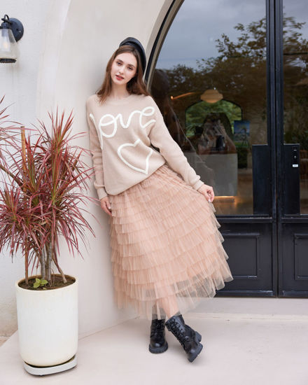 Immagine di BACHATA - Gonna lunga in tulle a balze taupe con elastico in vita