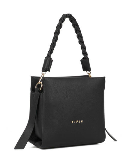 Immagine di RIFLE - Borsa a mano nera con manico intrecciato e tre scomparti principali, tracolla removibile