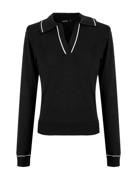 Immagine di BACHATA - Maglia manica lunga nera con scollo a V e colletto da donna