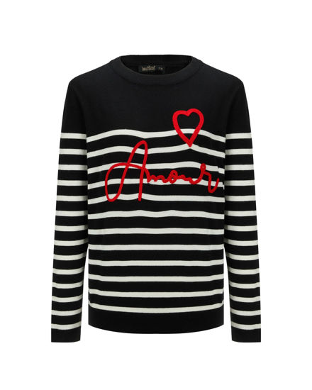 Immagine di BACHATA - Maglia manica lunga nera a righe bianche con scritta Amour