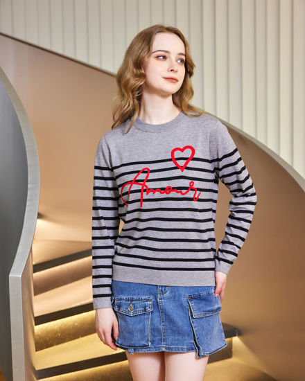 Immagine di BACHATA - Maglia manica lunga grigia a righe nere con scritta Amour