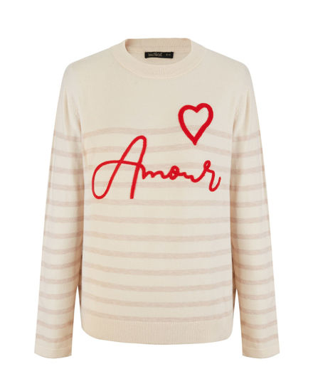 Immagine di BACHATA - Maglia manica lunga avorio a righe beige con scritta Amour