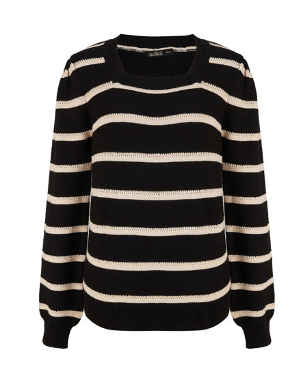 Immagine di BACHATA - Maglia manica lunga nera a righe beige con scollo quadrato