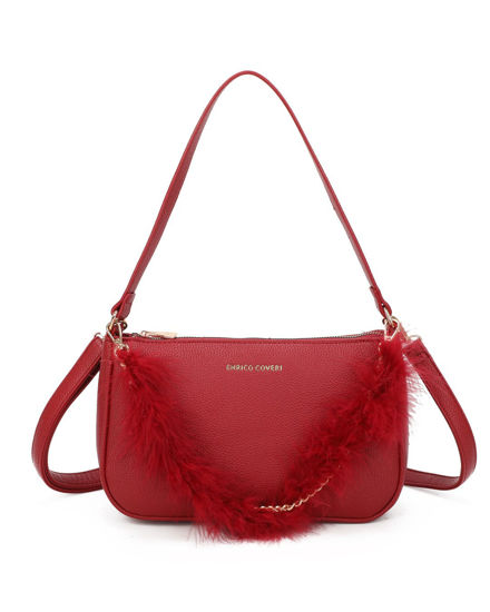 Immagine di ENRICO COVERI - Borsa a spalla rossa con dettaglio catenina con piume, tracolla removibile