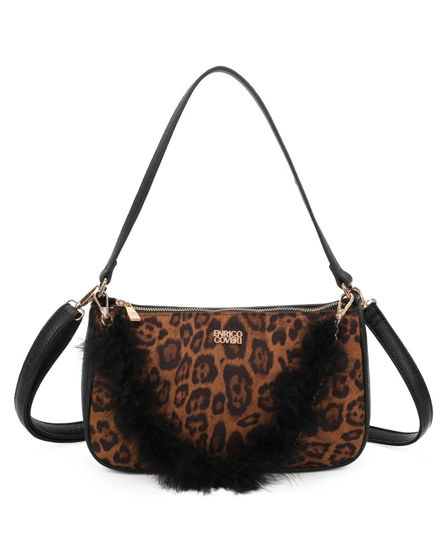 Immagine di ENRICO COVERI - Borsa a spalla leopardata con dettaglio catenina con piume, tracolla removibile