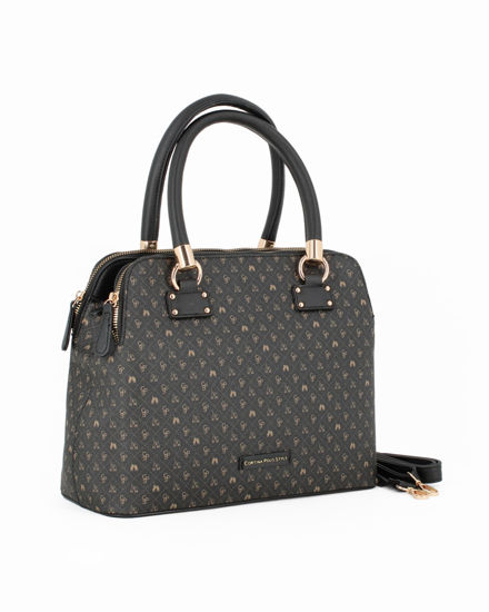 Immagine di CORTINA POLO STYLE - Bauletto due manici nero/taupe loggato con tre scomparti principali, tracolla removibile