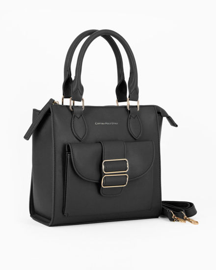 Immagine di CORTINA POLO STYLE - Borsa due manici nera con tasca frontale con doppia fibbia sulla patta, tracolla removibile
