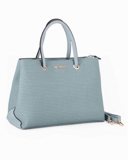 Immagine di SOLO SOPRANI - Borsa due manici jeans trama intreccio con tre scomparti interni, tracolla removibile