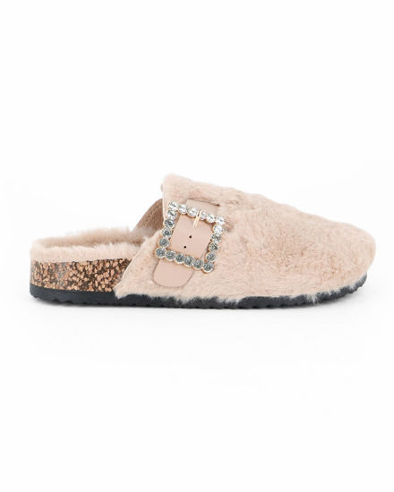 Immagine di TATOO - Sabot beige con pelliccia e cinturino con fibbia strass
