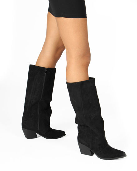 Immagine di SOLEIL - Stivale texano nero scamosciato con zip laterale e risvolto, tacco 7CM