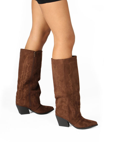 Immagine di SOLEIL - Stivale texano marrone scamosciato con zip laterale e risvolto, tacco 7CM
