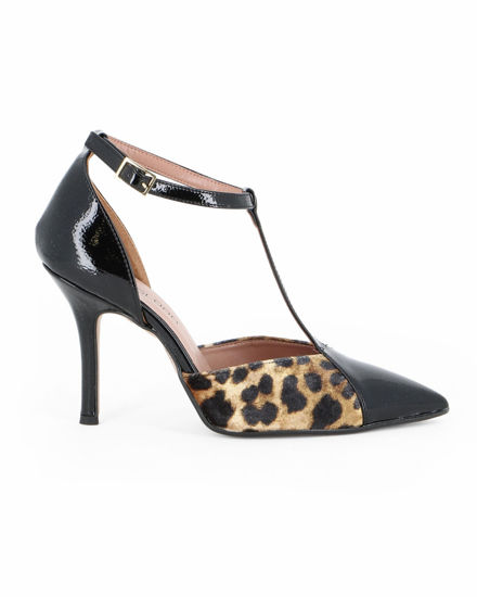 Immagine di MISS GLOBO - Décolleté nera naplak con inserti leopardati e cinturino alla caviglia, tacco 9,5CM - MADE IN ITALY