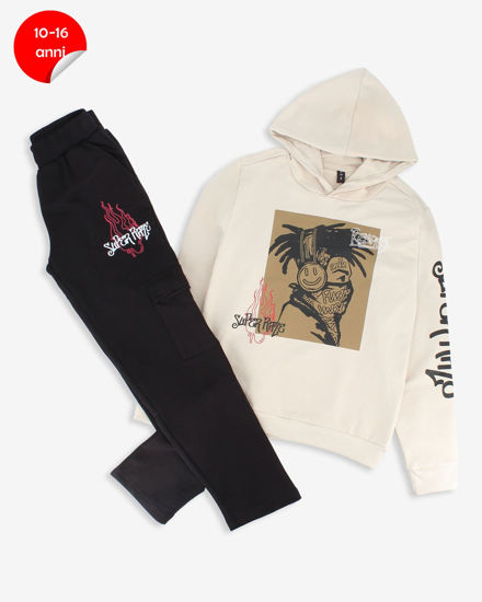 Immagine di RIFLE - COMPLETO TUTA FELPA BEIGE CON CAPPUCCIO E STAMPA DA RAGAZZO