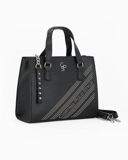 Immagine di CORTINA POLO STYLE - Borsa due manici nera con borchie, tracolla removibile
