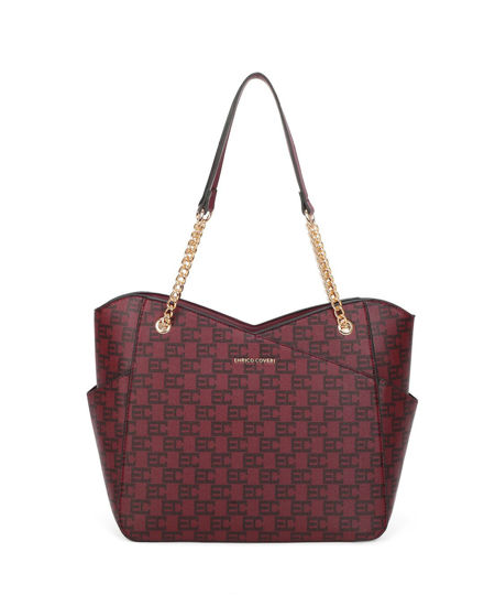 Immagine di ENRICO COVERI - Borsa shopping loggata bordeaux con tasche laterali e manici con catena