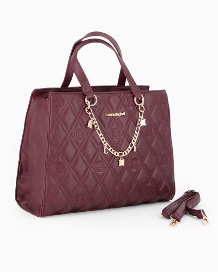 Immagine di LAURA BIAGIOTTI - Borsa due manici bordeaux con parte frontale loggata e catenina con ciondoli, tracolla removibile