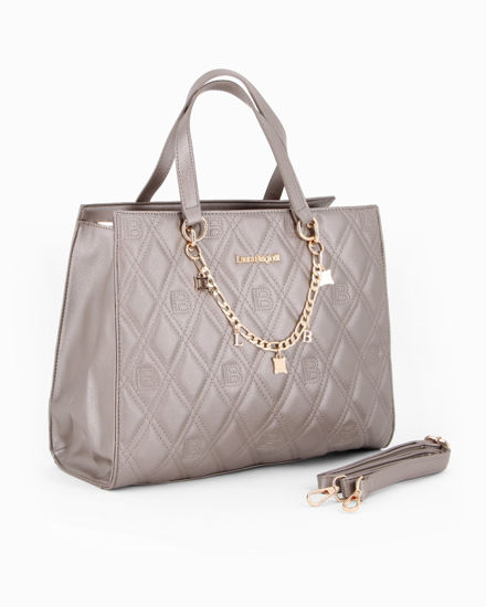 Immagine di LAURA BIAGIOTTI - Borsa due manici metal con parte frontale loggata e catenina con ciondoli, tracolla removibile