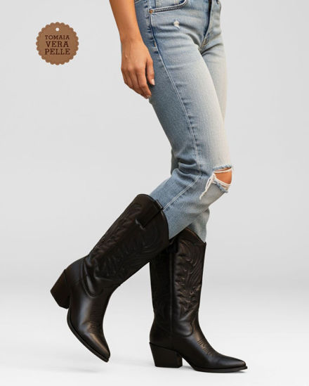 Immagine di MISS GLOBO - Stivale texano nero in VERA PELLE con zip laterale, tacco 6CM