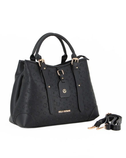 Immagine di SOLO SOPRANI - Borsa due manici nera loggata con tre scomparti interni e ciondolo frontale, tracolla removibile