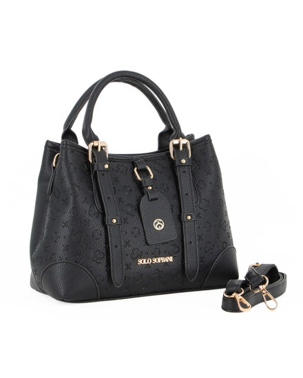 Immagine di SOLO SOPRANI - Borsa due manici nera loggata con tre scomparti principali e ciondolo frontale, tracolla removibile