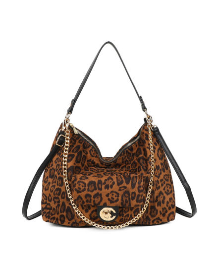 Immagine di ENRICO COVERI - Borsa a spalla leopardata scamosciata con catenina removibile e tasca frontale con patta e chiusura a girello, tracolla removibile