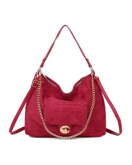 Immagine di ENRICO COVERI - Borsa a spalla rossa scamosciata con catenina removibile e tasca frontale con patta e chiusura a girello, tracolla removibile