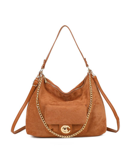 Immagine di ENRICO COVERI - Borsa a spalla cuoio scamosciata con catenina removibile e tasca frontale con patta e chiusura a girello, tracolla removibile