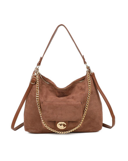 Immagine di ENRICO COVERI - Borsa a spalla marrone scamosciata con catenina removibile e tasca frontale con patta e chiusura a girello, tracolla removibile