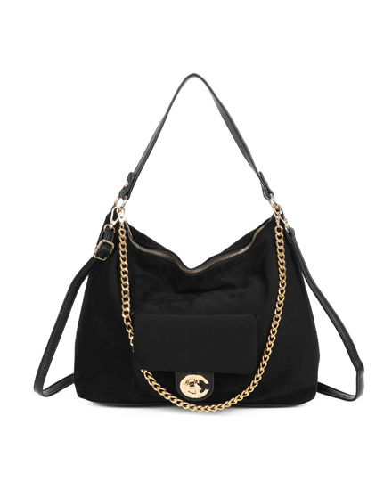 Immagine di ENRICO COVERI - Borsa a spalla nera scamosciata con catenina removibile e tasca frontale con patta e chiusura a girello, tracolla removibile