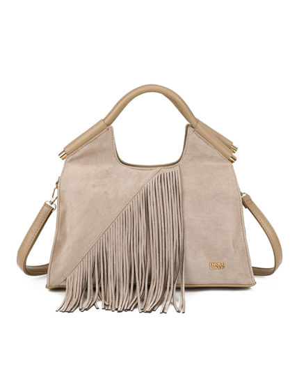 Immagine di ENRICO COVERI - Borsa a mano taupe scamosciata con frange e tasca posteriore, tracolla removibile