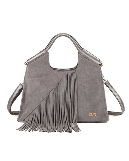 Immagine di ENRICO COVERI - Borsa a mano grigia scamosciata con frange e tasca posteriore, tracolla removibile
