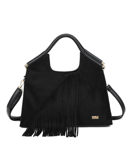 Immagine di ENRICO COVERI - Borsa a mano nera scamosciata con frange e tasca posteriore, tracolla removibile