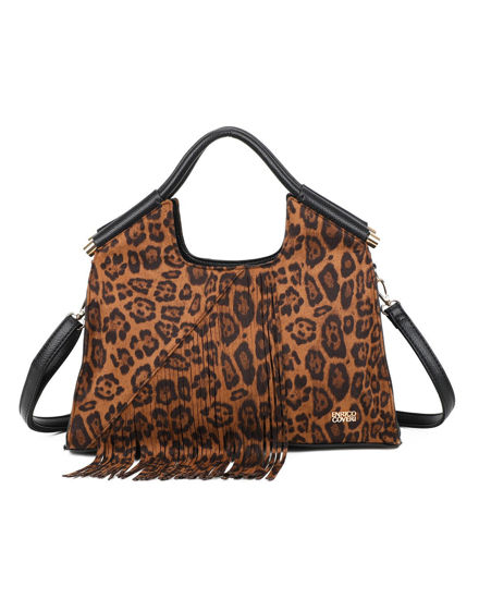 Immagine di ENRICO COVERI - Borsa a mano leopardata scamosciata con frange e tasca posteriore, tracolla removibile