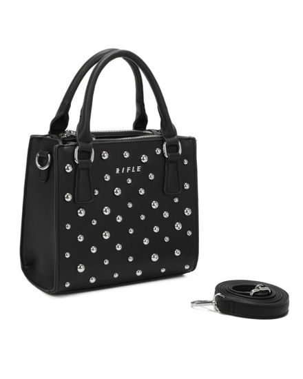Immagine di RIFLE - Borsa due manici nera con borchie e tre scomparti principali, tracolla removibile