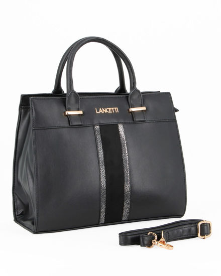 Immagine di LANCETTI - Borsa a due manici nera con dettaglio frontale scamosciato,tracolla removibile