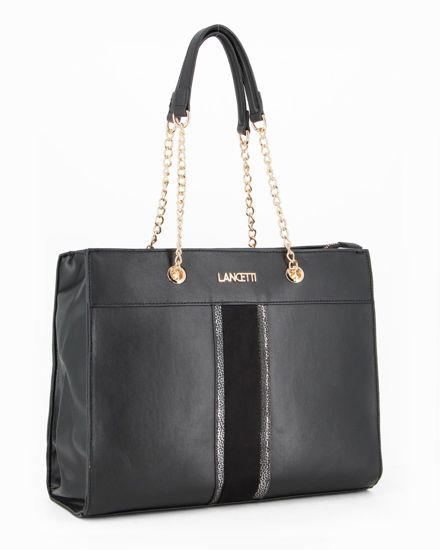 Immagine di LANCETTI - Borsa a due manici nera con dettaglio frontale scamosciato