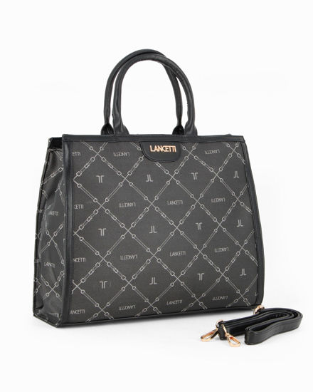 Immagine di LANCETTI - Borsa a due manici nera logata, tracolla removibile