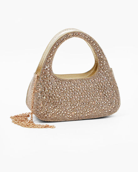 Immagine di MISS GLOBO - Pochette oro a due manici tutta strass, tracolla removibile