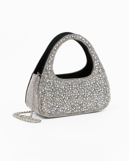 Immagine di MISS GLOBO - Pochette nera a due manici tutta strass, tracolla removibile