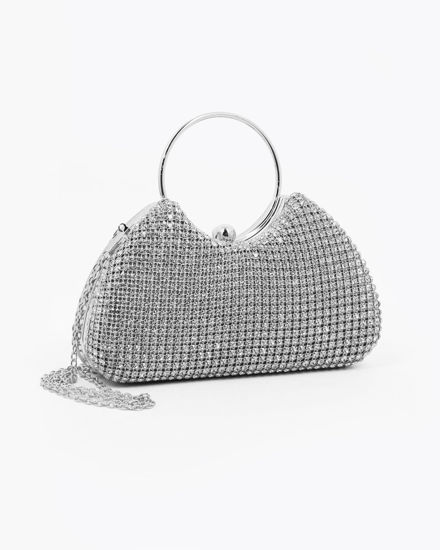Immagine di MISS GLOBO - Clutch ad un manico silver con parte frontale in strass, tracolla removibile