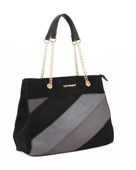 Immagine di LAURA BIAGIOTTI - Borsa a due manici scamosciata nera con disegno frontale grigio