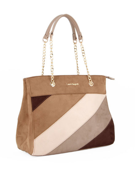 Immagine di LAURA BIAGIOTTI - Borsa a due manici scamosciata terra con disegno frontale beige