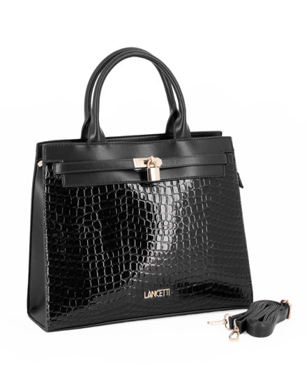 Immagine di LANCETTI - Borsa a due manici nera in cocco con dettaglio lucchetto sul davanti, tracolla removibile