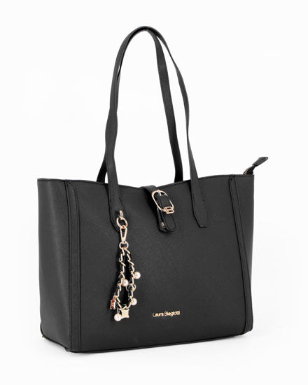 Immagine di LAURA BIAGIOTTI - Borsa a due manici nera con mini pattina e dettaglio pendente con perle