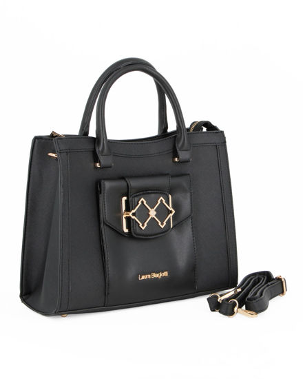 Immagine di LAURA BIAGIOTTI - Borsa a due manici nera con  tasca frontale con patta, tracolla removibile