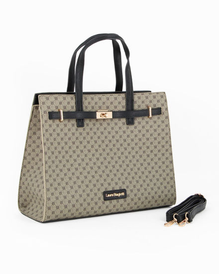 Immagine di LAURA BIAGIOTTI - Borsa a due manici logata nera con dettaglio girello sul davanti, tracolla removibile