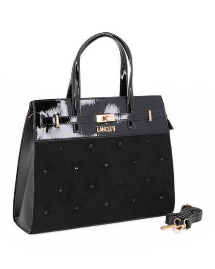 Immagine di LANCETTI - Borsa a due manici nera con parte frontale scamosciata e dettagli strass, tracolla removibile